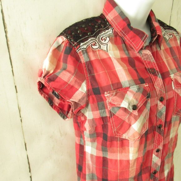 Affliction Red Plaid Women's Blouse - Picture 3 of 6